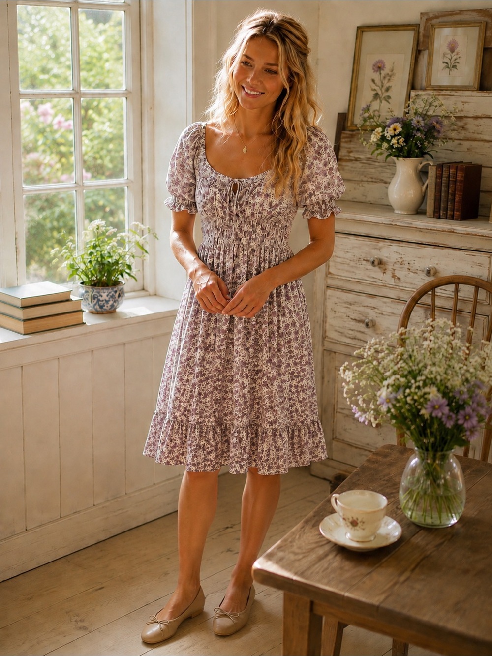 222. Sky & Sparrow Cottagecore Floral Puff Sleeve mini  Dress Small casual
